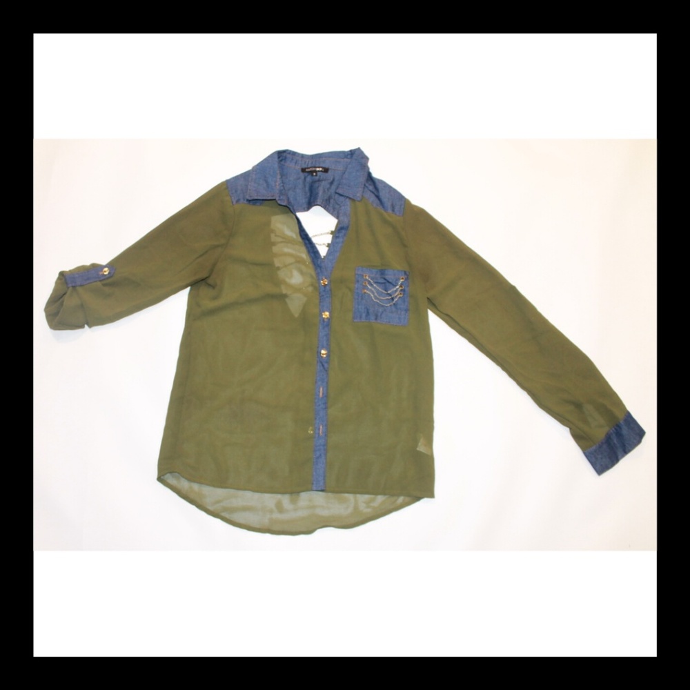 Denim and Green Sheer Long Sleeve Shirt